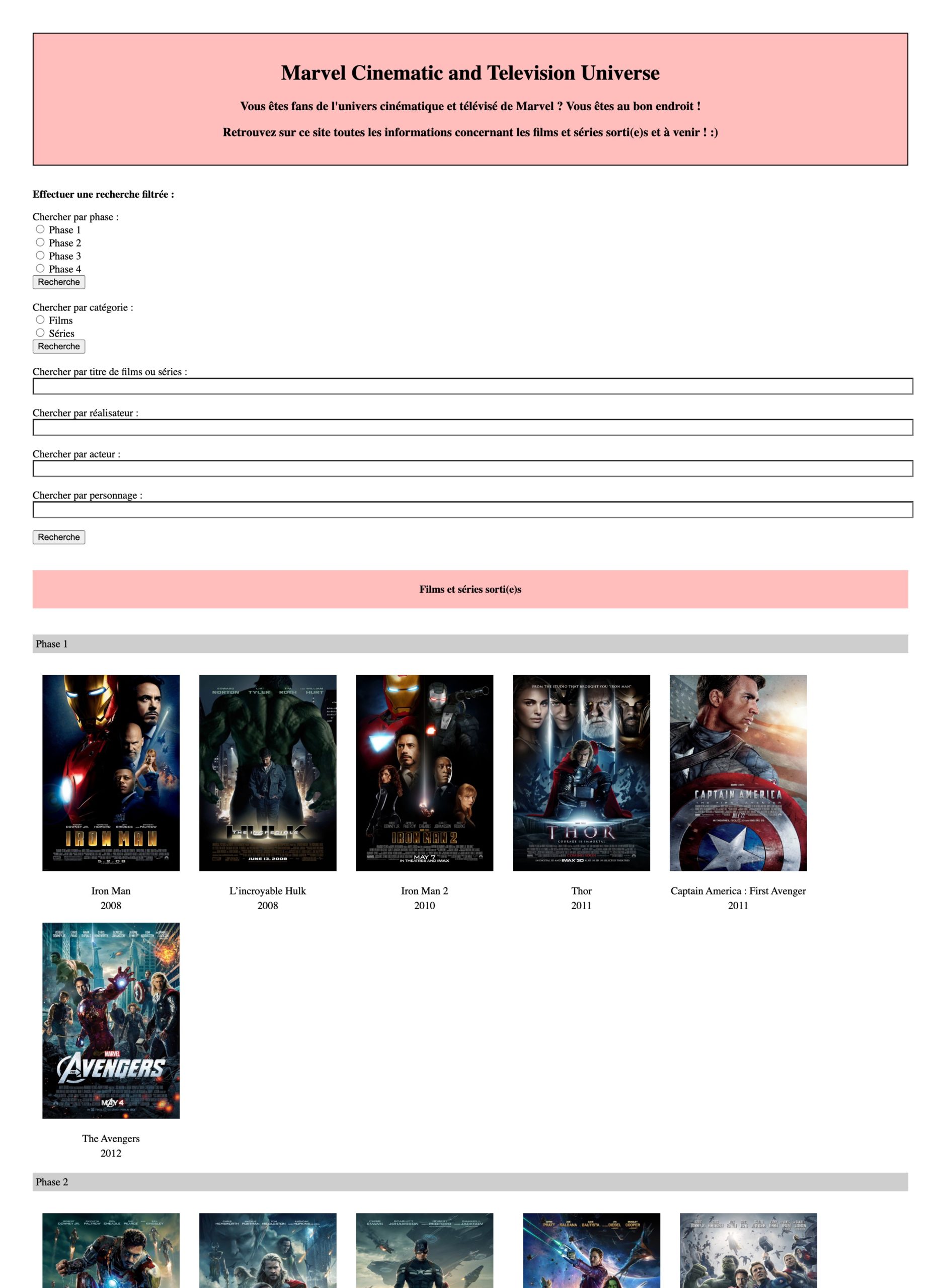 Capture d'écran du site PHP Marvel