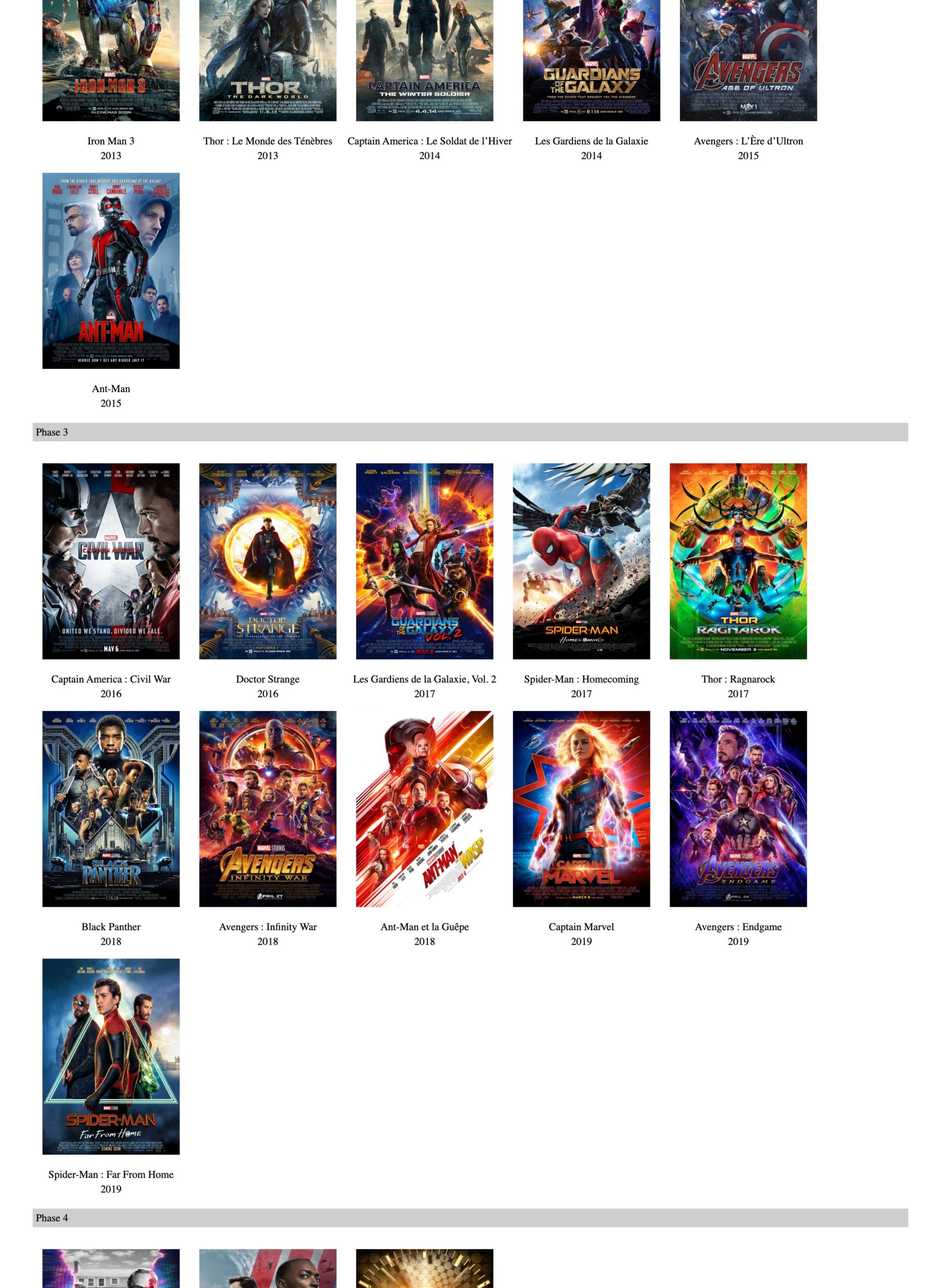 Capture d'écran du site PHP Marvel