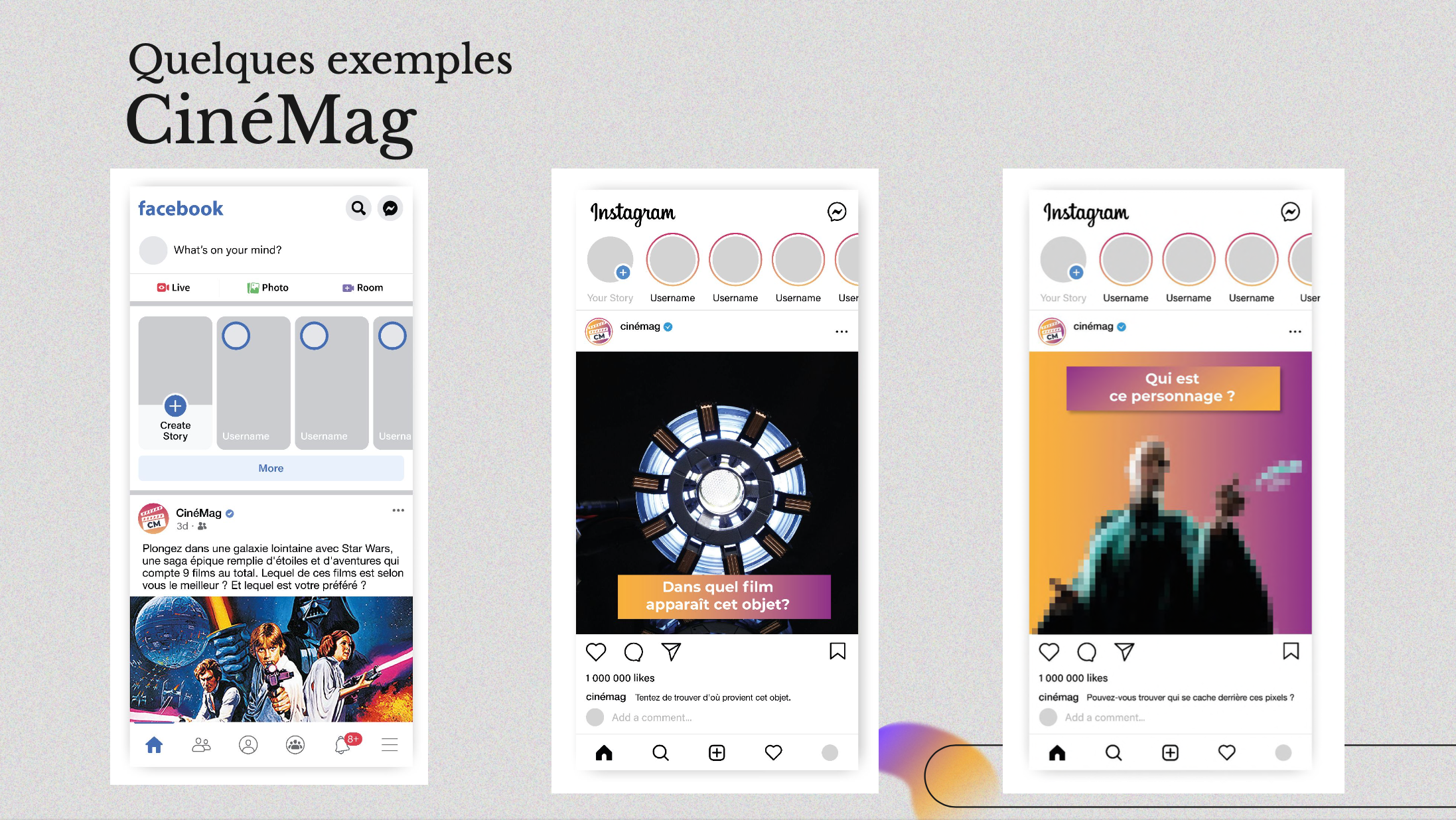 Capture d'écran d'une slide de la présentation donnant trois exemples de publications sur Twitter et Instagram